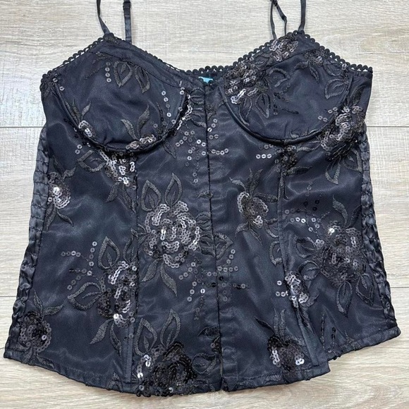 Y2K Ole Ole Black Cami‎ Sequin Floral Embroidery Top Smocked Back Women's Medium - Picture 7 of 9